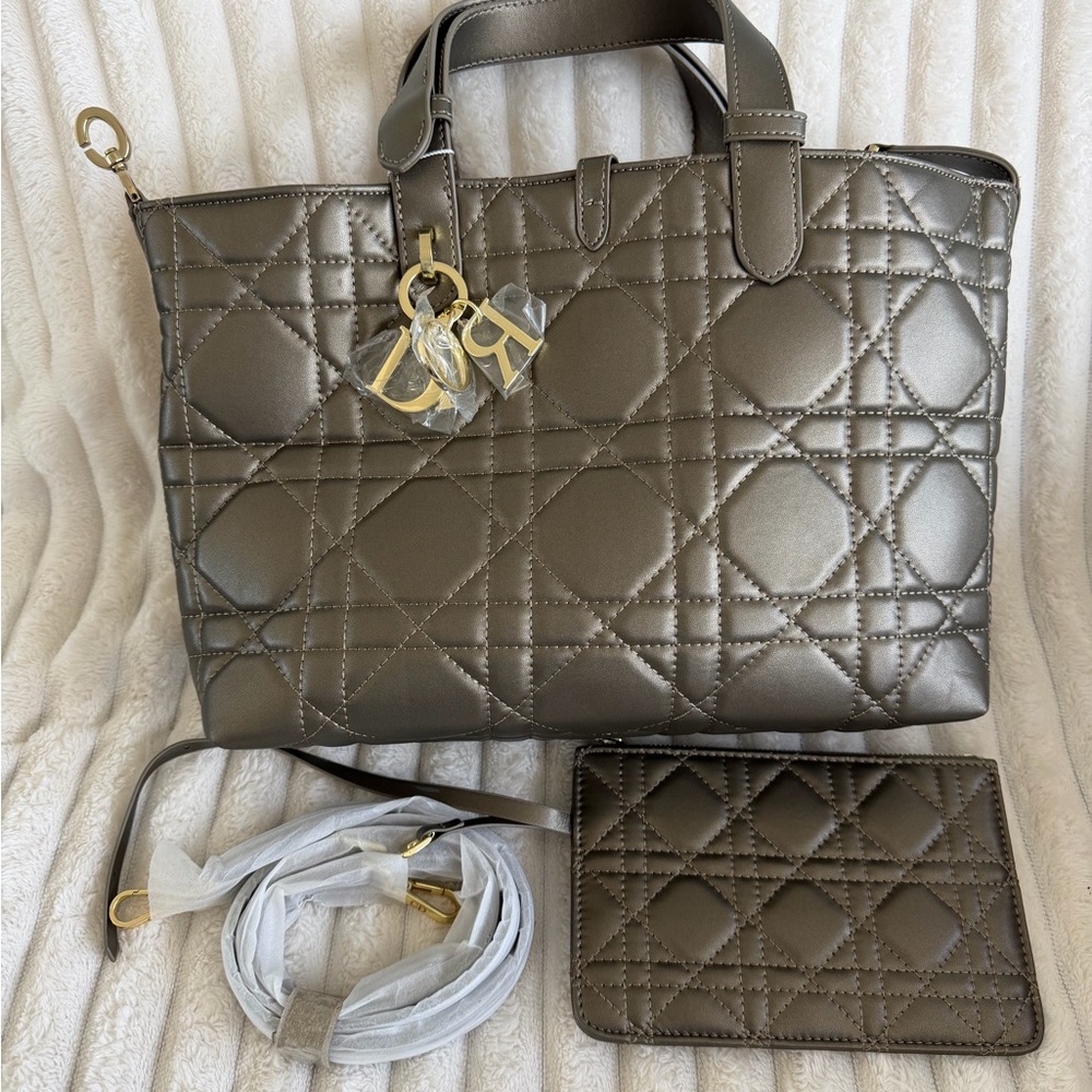 Quilted Tote Bag with Charm in Metallic Taupe Gray